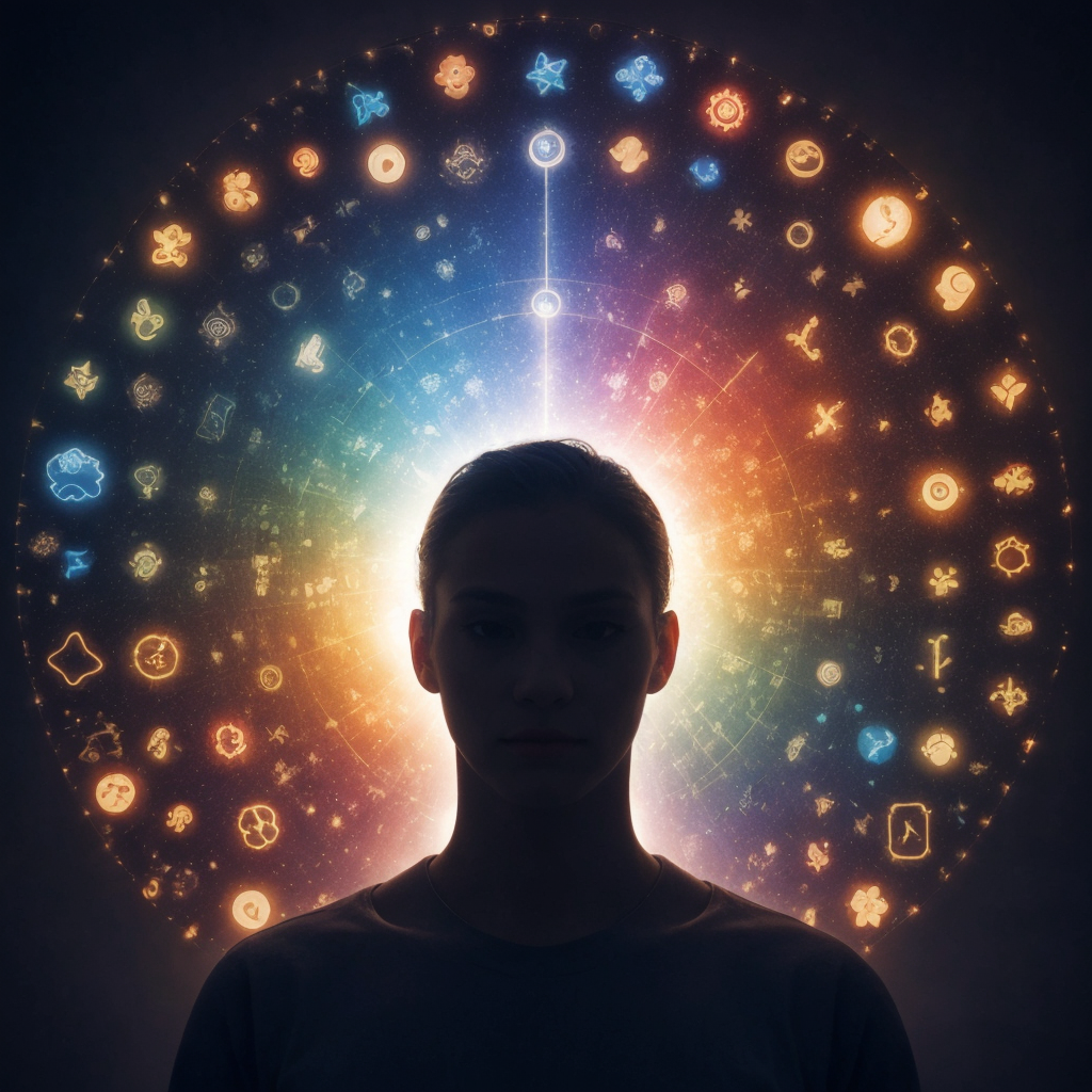 Image of a type-based view of personality that you find instinctually and intuitively relatable. It will capture an artistic and symbolic representation of this concept, focusing on the harmonious connection between an individual and their psychological archetype through colors and ethereal elements.