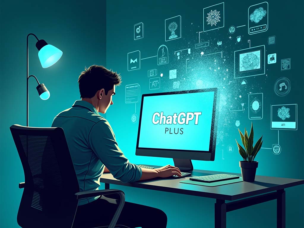 A futuristic creative workspace with a glowing computer screen displaying the ChatGPT Plus logo, connected to a dynamic flow of artistic visuals emerging from the screen. The scene features a user seated at a modern desk, surrounded by holographic sketches and designs, symbolizing creativity being brought to life through AI. Bright colors and digital elements emphasize the seamless integration of technology into the creative workflow.