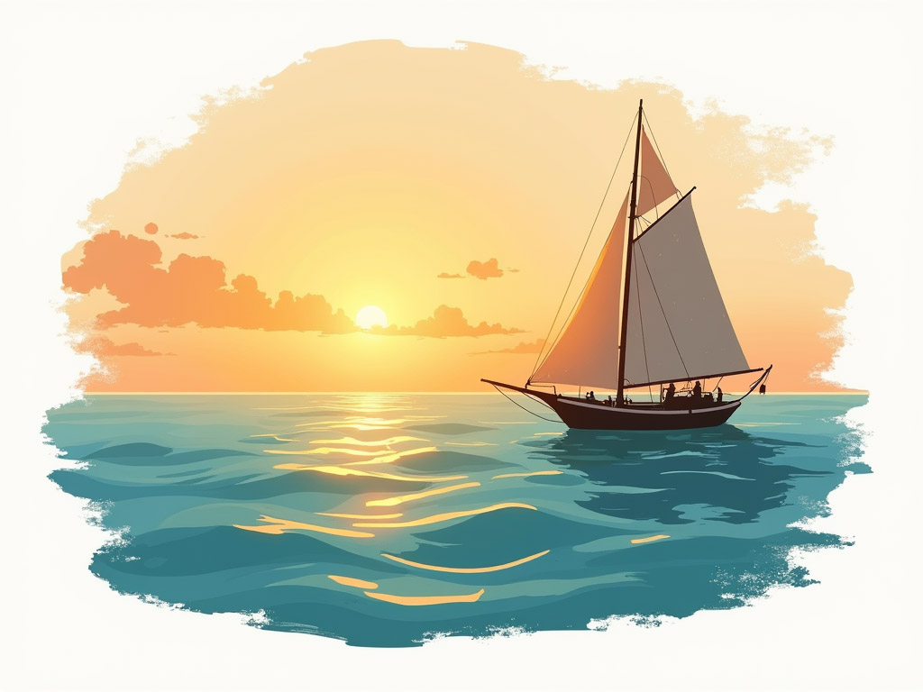 A serene ocean sunset with a silhouetted sailing ship, featuring a large golden sun reflecting on deep blue waves. Orange and coral sky gradients blend into pale blue, while warm sunlight creates shimmering reflections across rippling water. The composition emphasizes horizontal layers with the sun centered on the horizon.